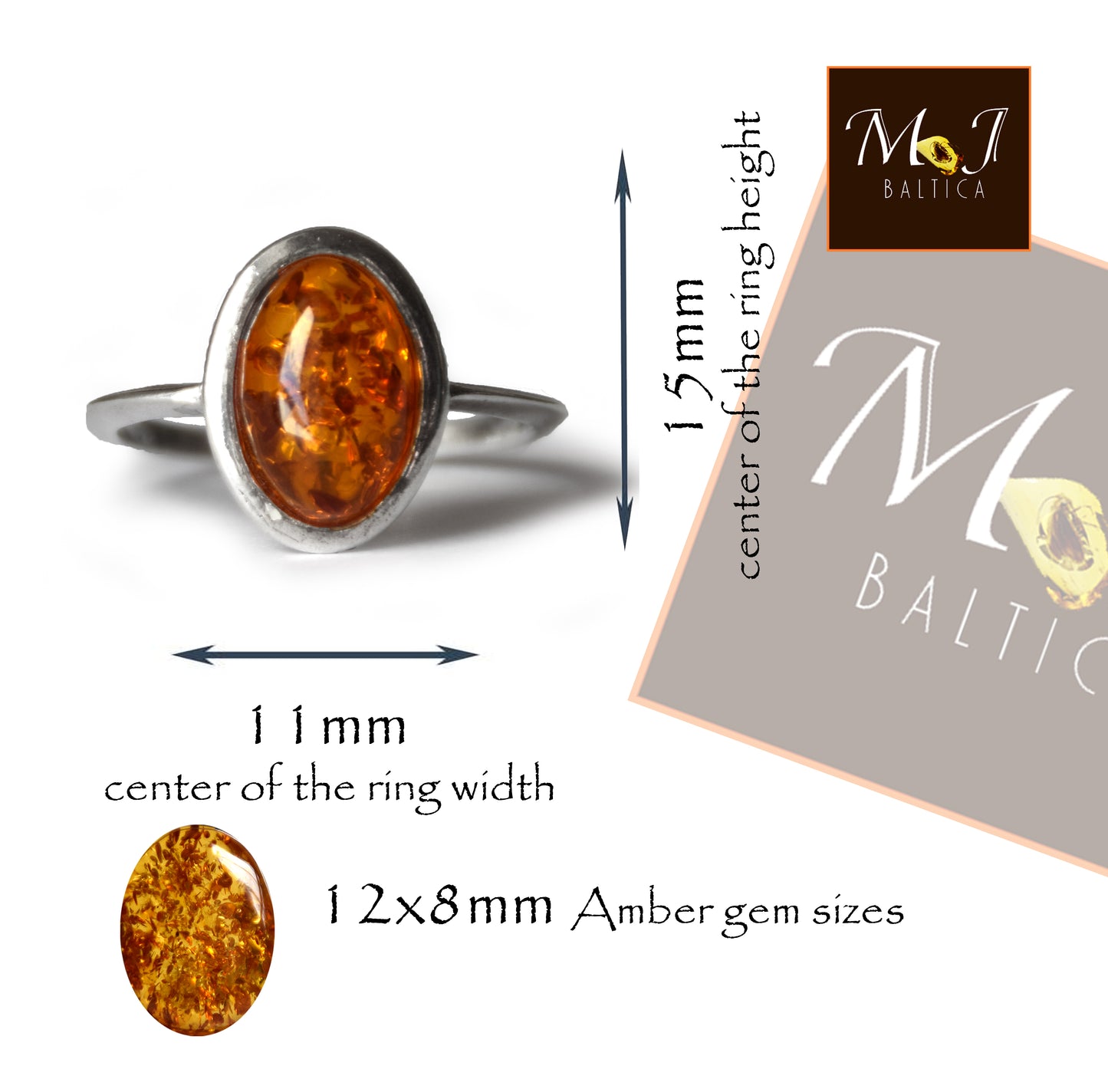 MJ Baltica, ring, natural Baltic Amber, 925 Silver, handcrafted, oval, luminous, delicate, BP099