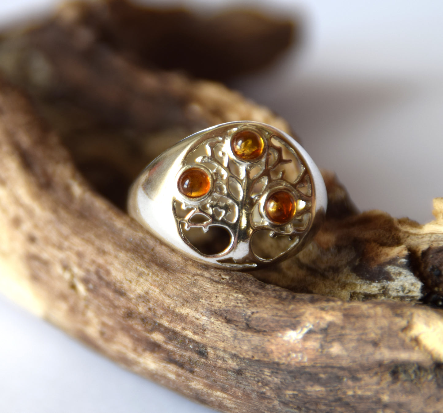 MJ Baltica, ring, natural Baltic Amber, 925 Silver, handcrafted, tree of life, luminous, delicate, BP100