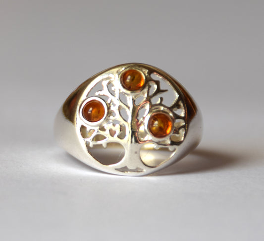 MJ Baltica, anello, Ambra naturale Baltica, Argento 925, artigianale, albero della vita, luminoso, delicato, BP100