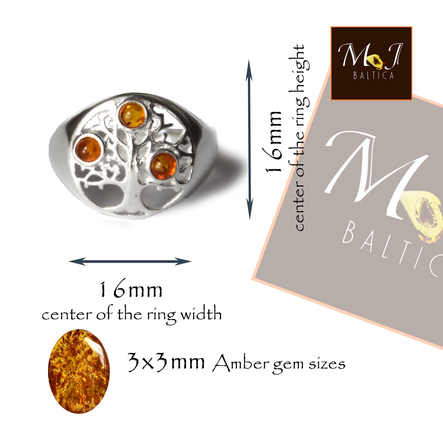 MJ Baltica, anello, Ambra naturale Baltica, Argento 925, artigianale, albero della vita, luminoso, delicato, BP100