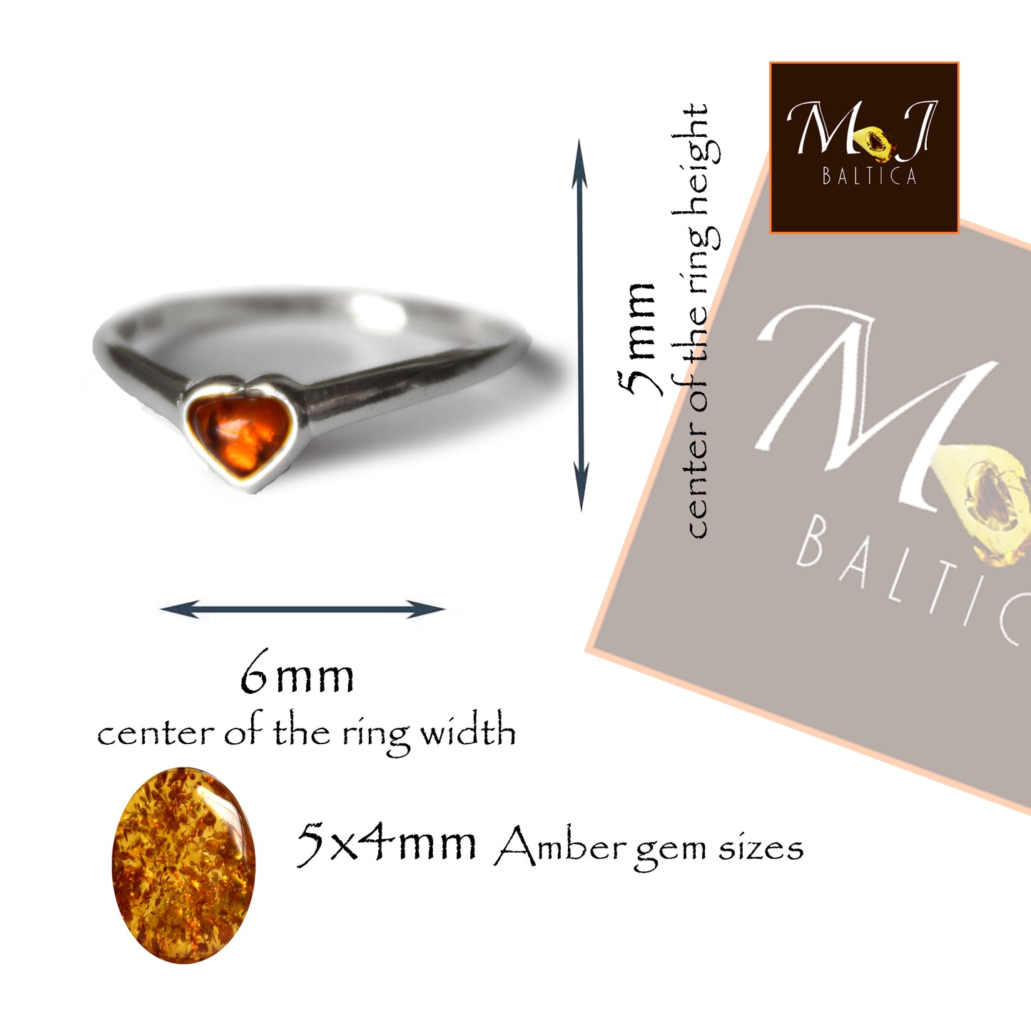 MJ Baltica, ring, natural Baltic Amber, 925 Silver, handcrafted, heart, luminous, delicate, BP101