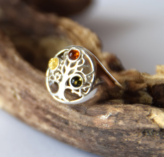 MJ Baltica, ring, natural Baltic Amber, 925 Silver, handcrafted, multicolored, tree of life, luminous, delicate, BP102