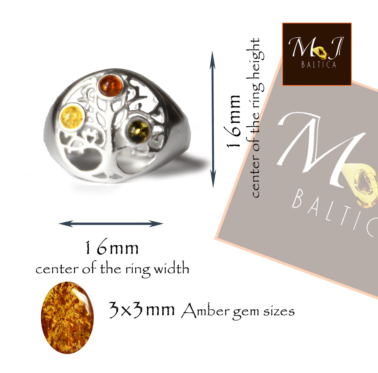 MJ Baltica, anello, Ambra naturale Baltica, Argento 925, artigianale, multicolore, albero della vita, luminoso, delicato, BP102