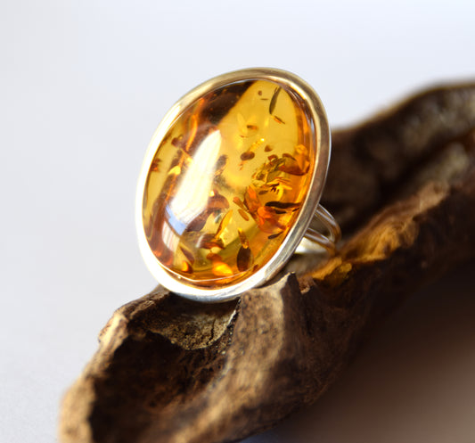 MJ Baltica, ring, Natural Baltic Amber, 925 Silver, large, luminous, cognac, adjustable and unique BP106