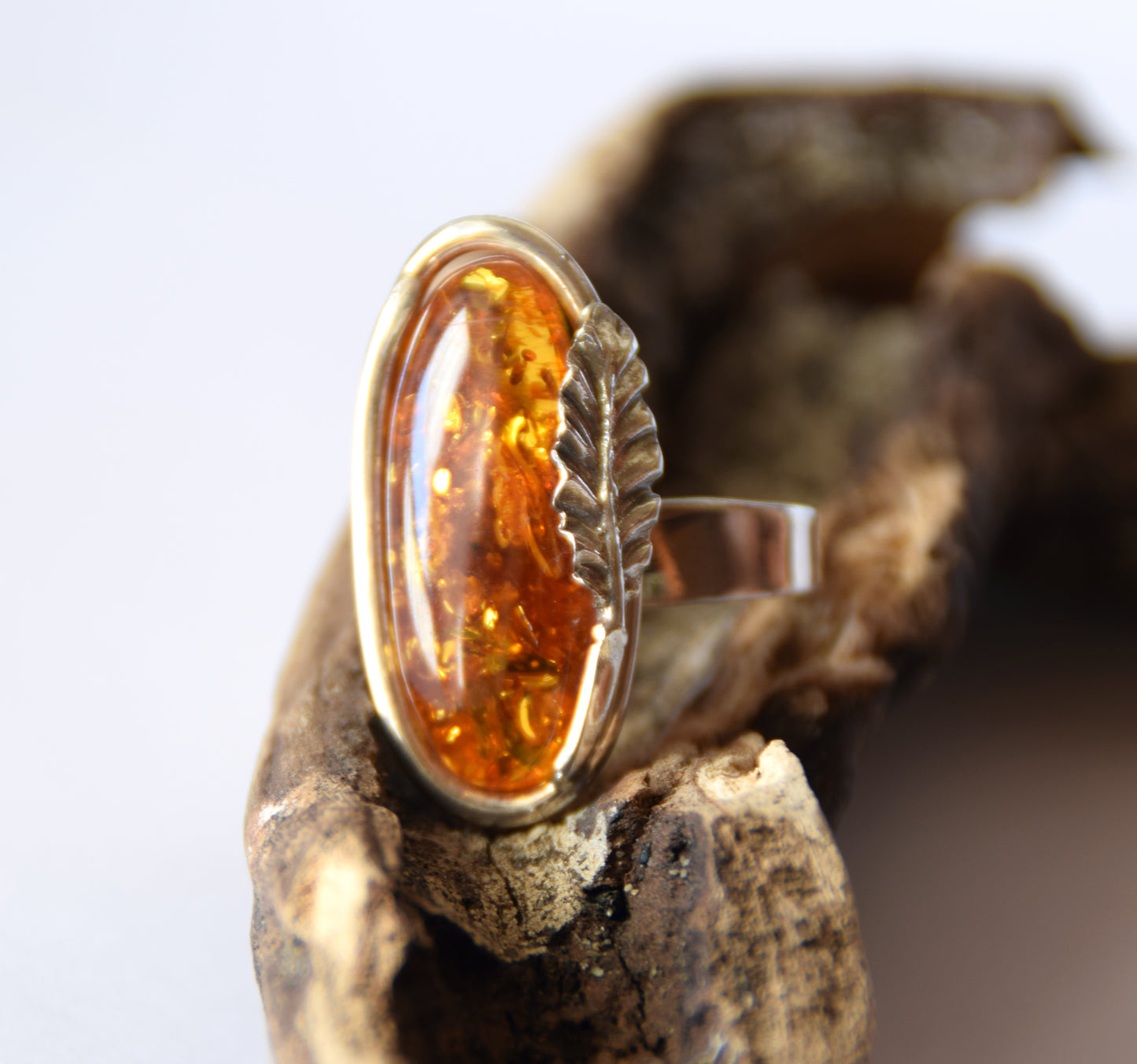 MJ Baltica, ring, Natural Baltic Amber, 925 Silver, large, luminous, cognac, adjustable and unique BP107