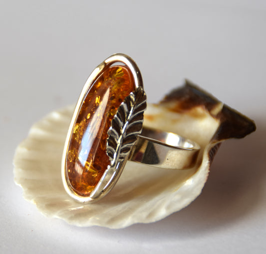 MJ Baltica, ring, Natural Baltic Amber, 925 Silver, large, luminous, cognac, adjustable and unique BP107