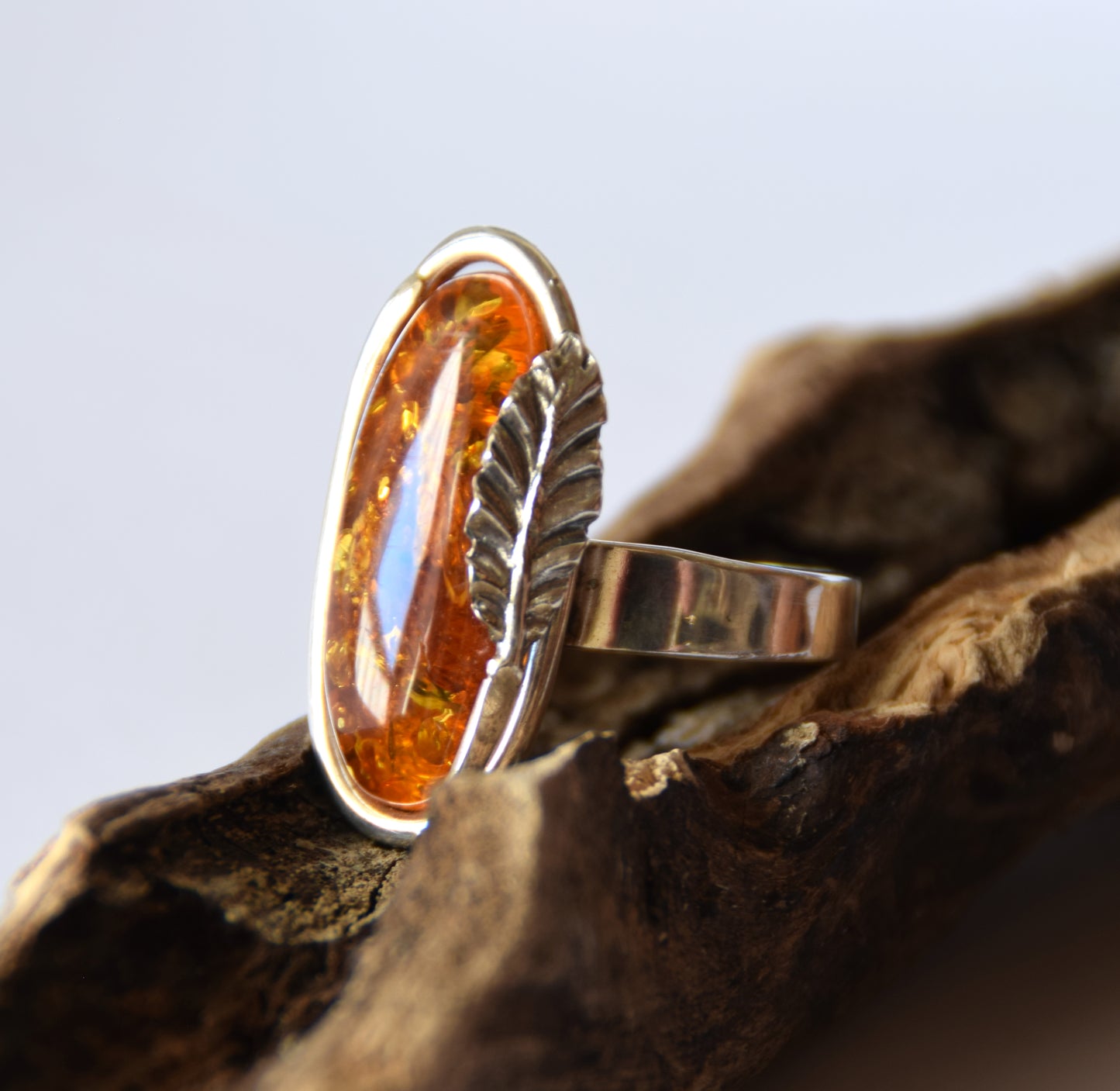 MJ Baltica, ring, Natural Baltic Amber, 925 Silver, large, luminous, cognac, adjustable and unique BP107