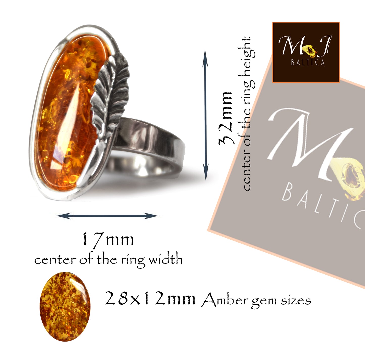 MJ Baltica, ring, Natural Baltic Amber, 925 Silver, large, luminous, cognac, adjustable and unique BP107