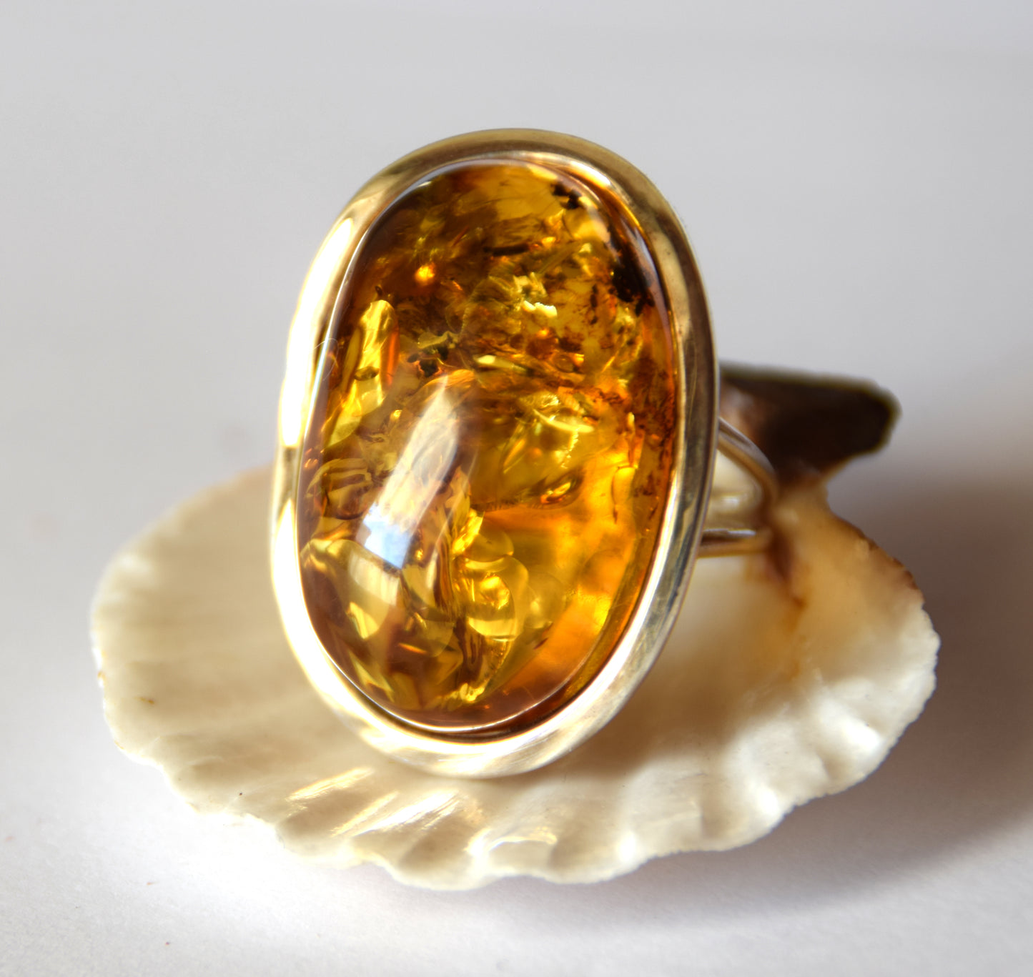 MJ Baltica, ring, Natural Baltic Amber, 925 Silver, large, luminous, cognac, adjustable and unique BP108