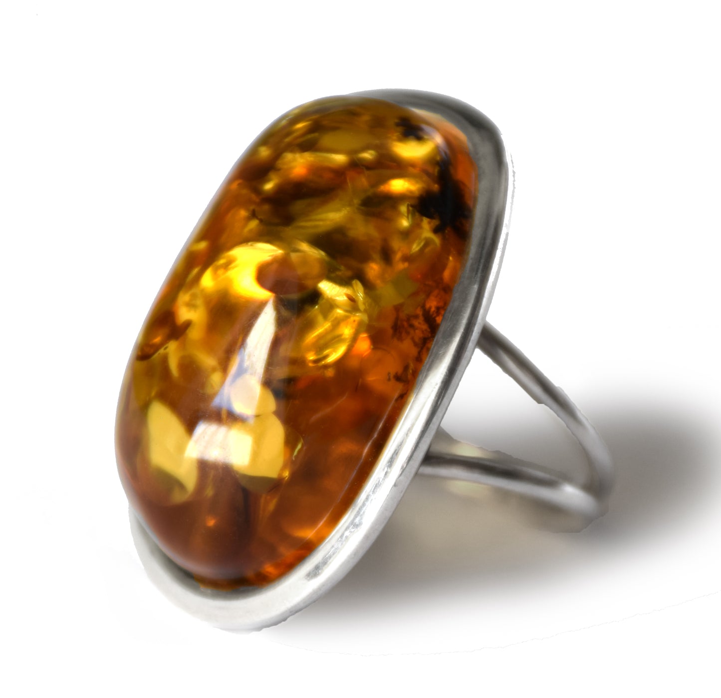 MJ Baltica, ring, Natural Baltic Amber, 925 Silver, large, luminous, cognac, adjustable and unique BP108