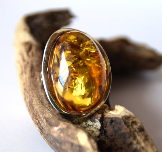 MJ Baltica, ring, Natural Baltic Amber, 925 Silver, large, luminous, cognac, adjustable and unique BP108