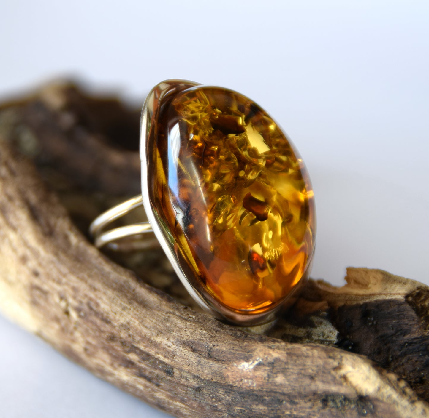 MJ Baltica, ring, Natural Baltic Amber, 925 Silver, large, luminous, cognac, adjustable and unique BP108