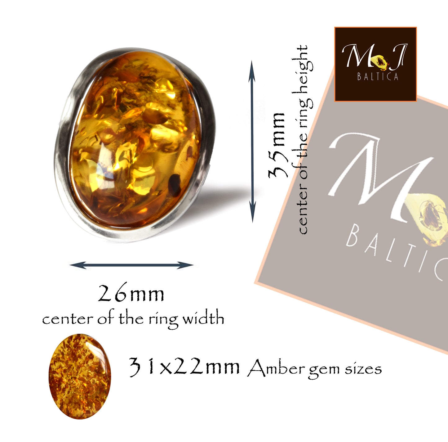 MJ Baltica, anello, Ambra Naturale Baltica, Argento 925, grande, luminoso, cognac, regolabile e unico BP108