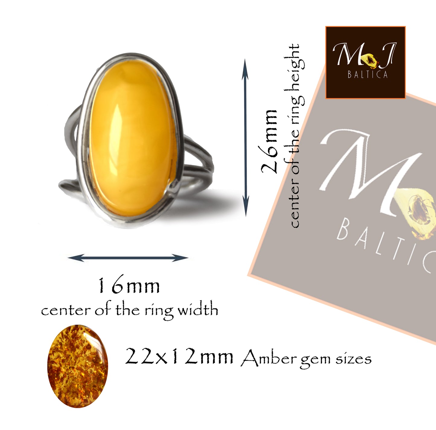 MJ Baltica, anello, Ambra Naturale Baltica, Argento 925, grande, luminoso, ambra imperiale, regolabile e unico BP109