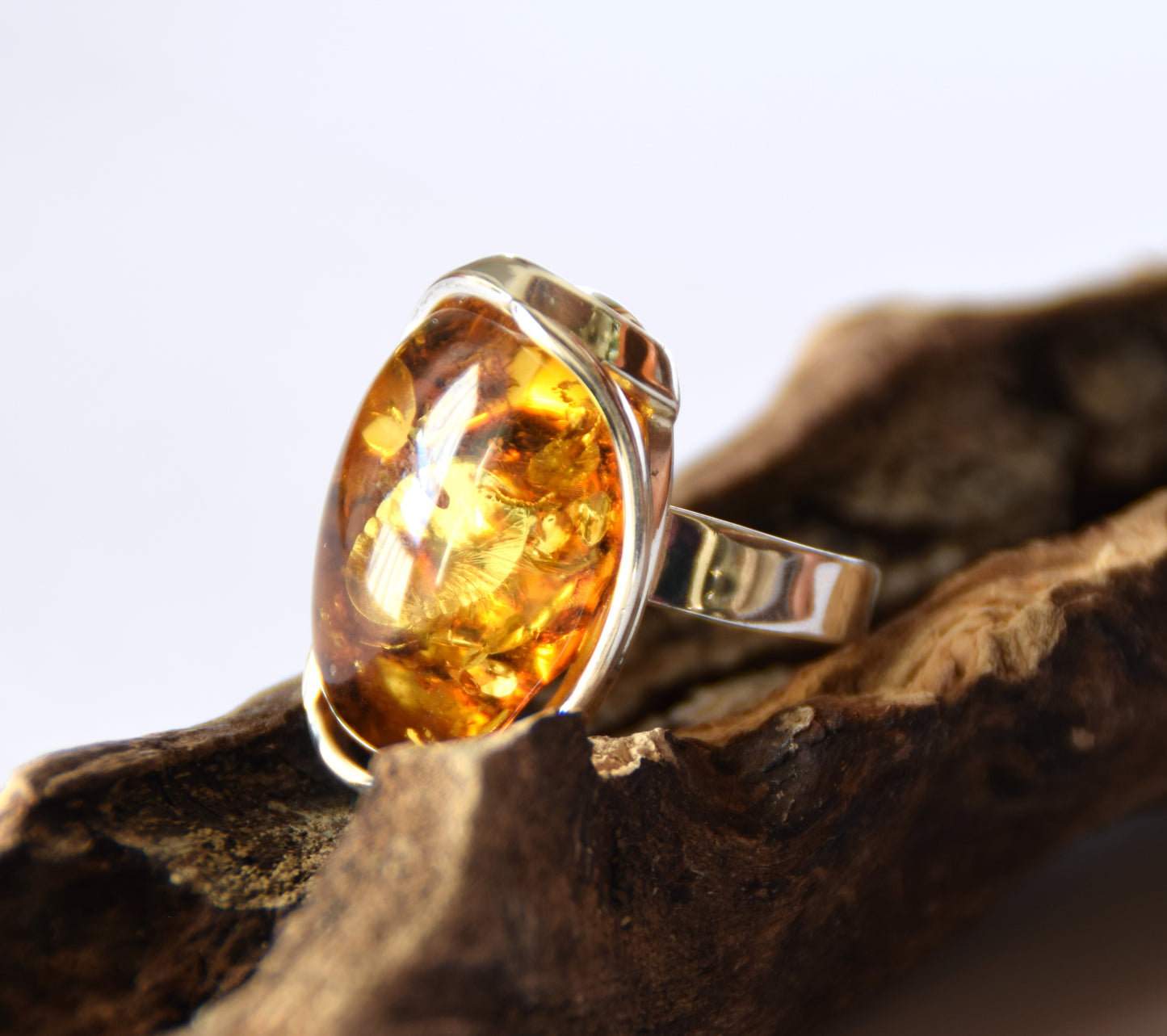 MJ Baltica, ring, Natural Baltic Amber, 925 Silver, large, luminous, cognac, adjustable and unique BP110