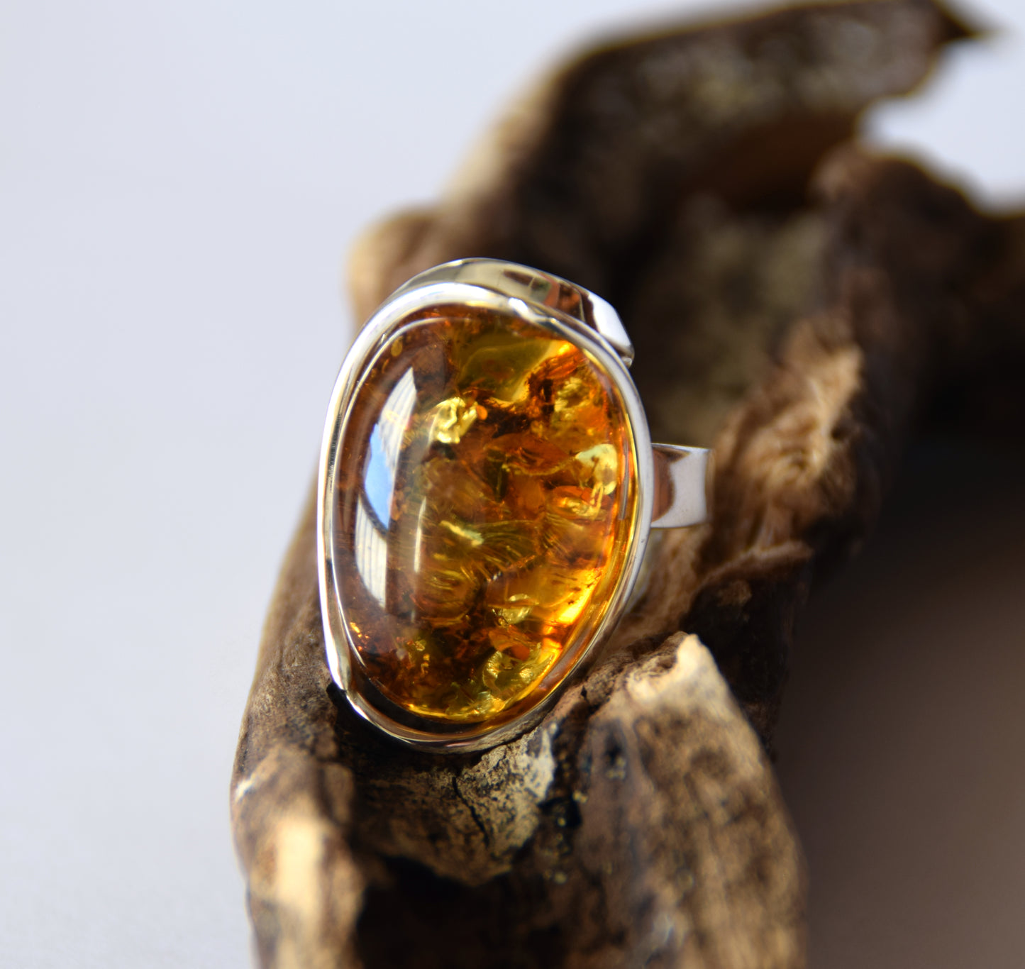 MJ Baltica, ring, Natural Baltic Amber, 925 Silver, large, luminous, cognac, adjustable and unique BP110