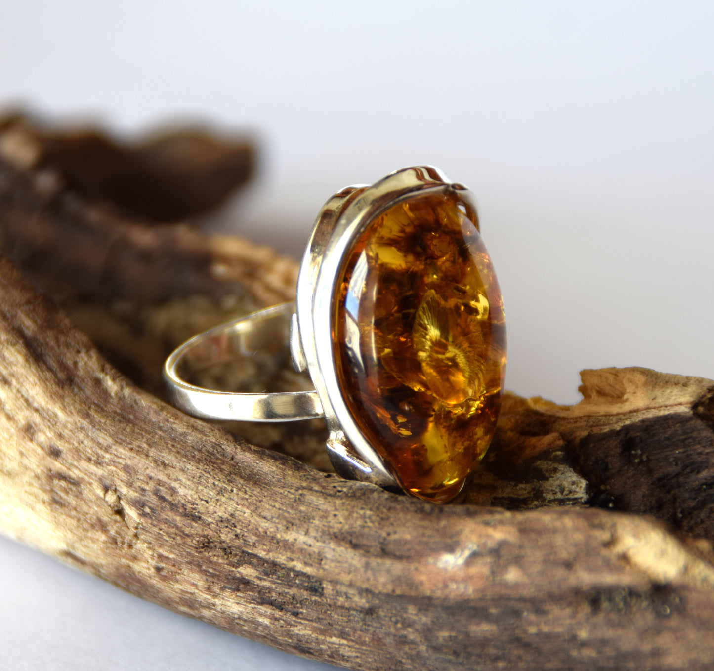 MJ Baltica, ring, Natural Baltic Amber, 925 Silver, large, luminous, cognac, adjustable and unique BP110