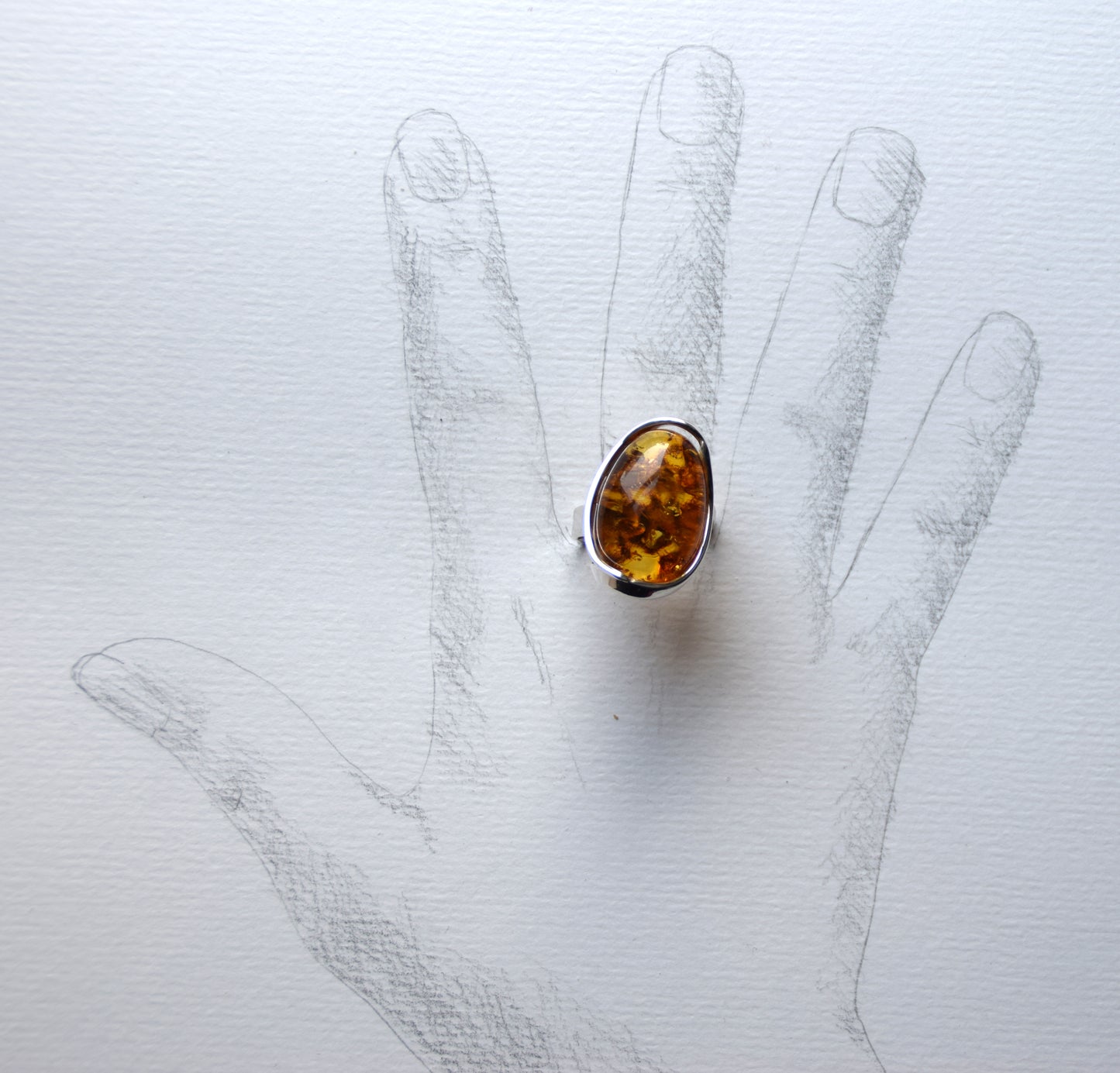 MJ Baltica, ring, Natural Baltic Amber, 925 Silver, large, luminous, cognac, adjustable and unique BP110