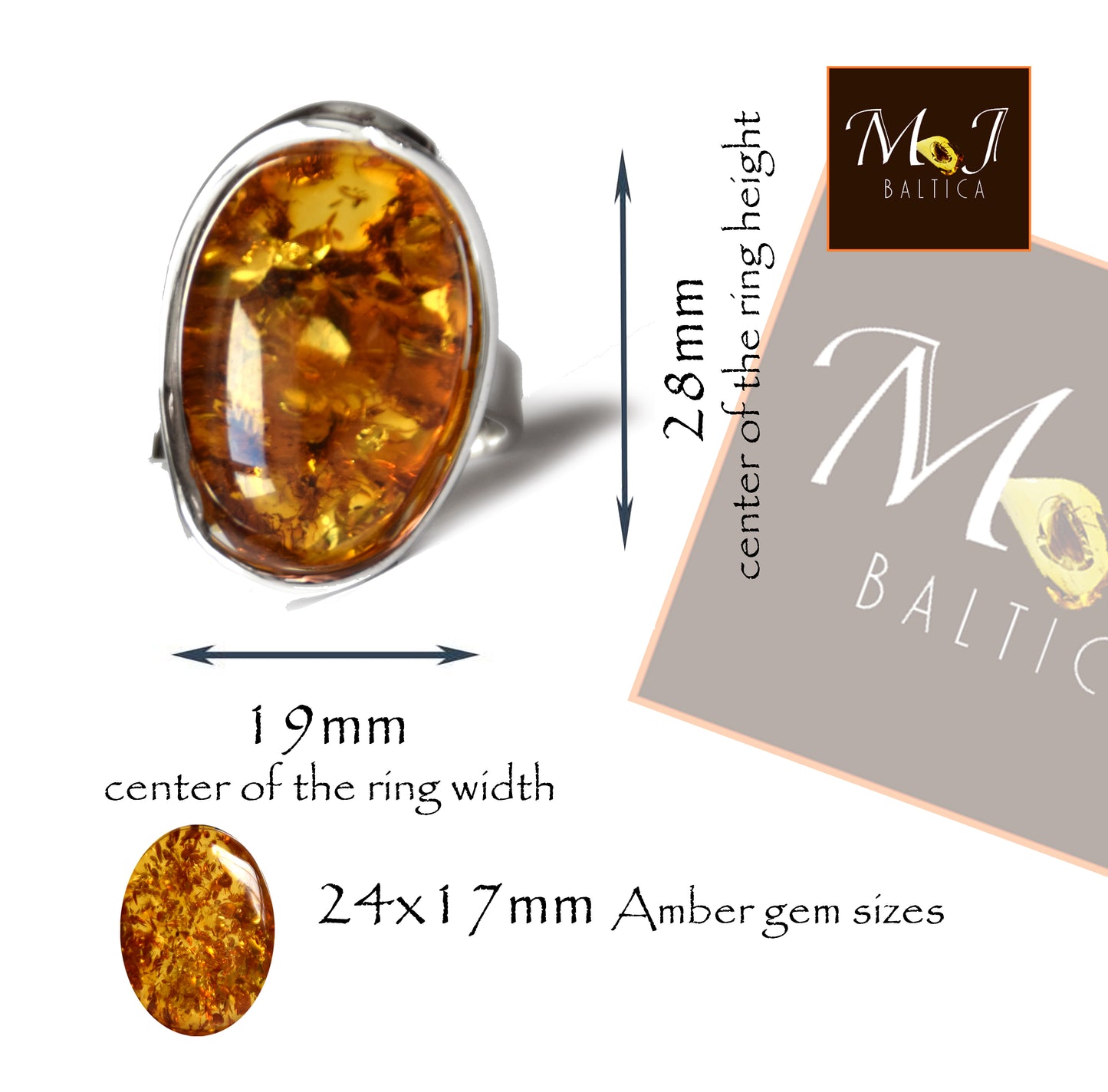 MJ Baltica, ring, Natural Baltic Amber, 925 Silver, large, luminous, cognac, adjustable and unique BP110