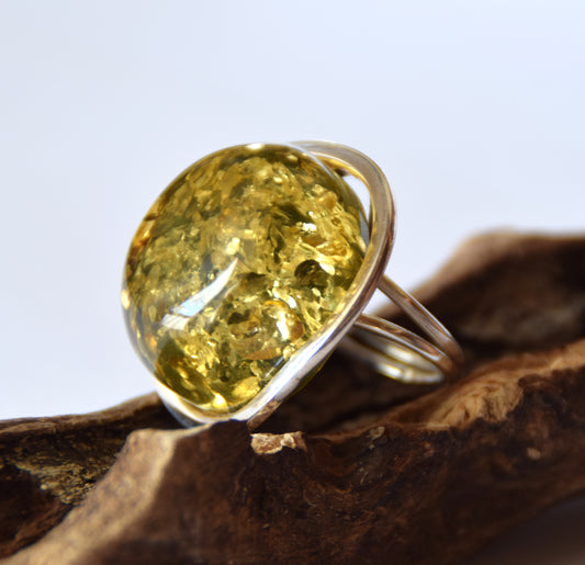 MJ Baltica, ring, Natural Baltic Amber, 925 Silver, large, luminous, green, adjustable and unique BP111