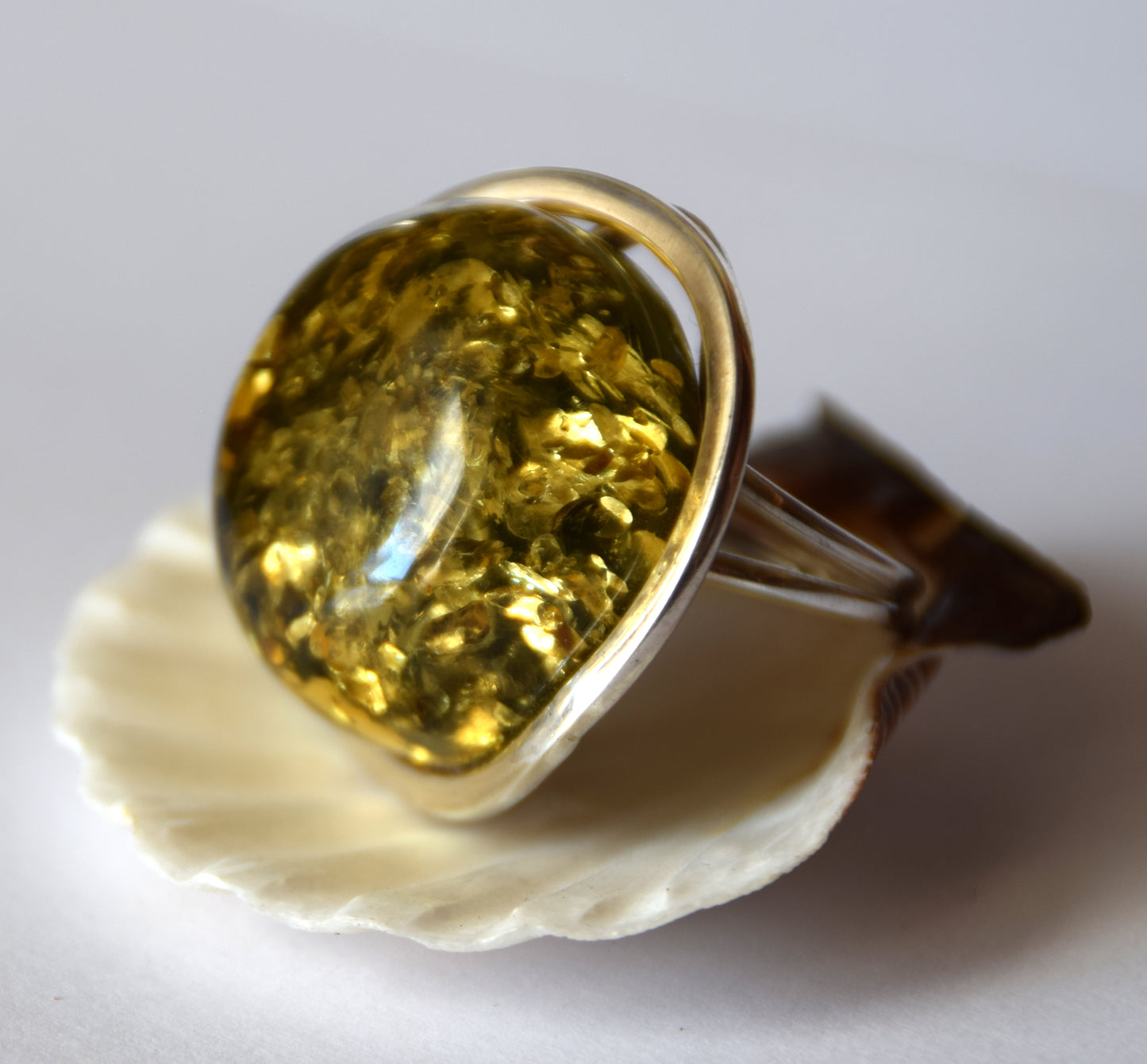 MJ Baltica, ring, Natural Baltic Amber, 925 Silver, large, luminous, green, adjustable and unique BP111