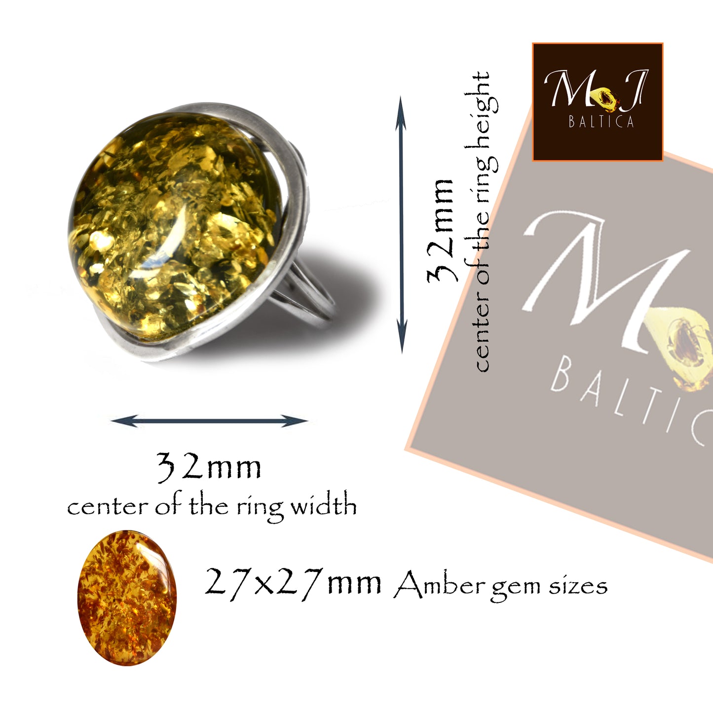 MJ Baltica, anello, Ambra Naturale Baltica, Argento 925, grande, luminoso, verde, regolabile e unico BP111