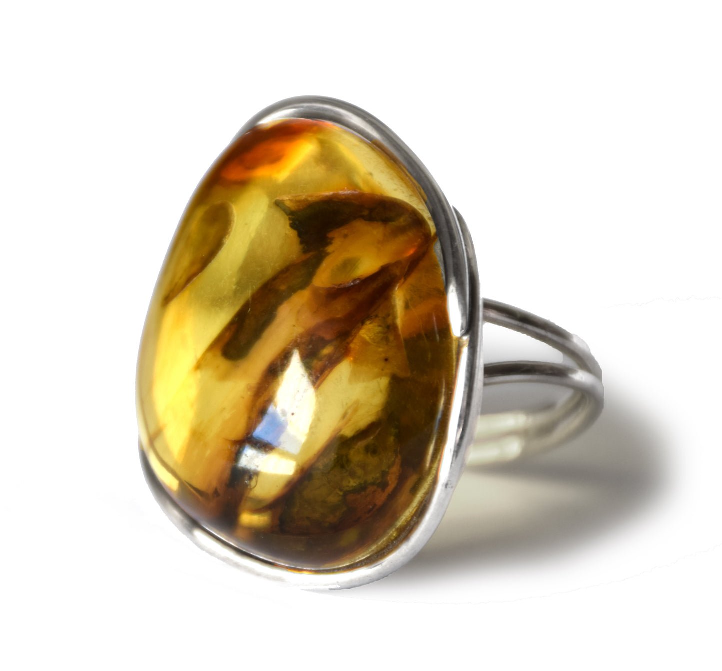 MJ Baltica, ring, Natural Baltic Amber, 925 Silver, large, luminous, light amber, inclusions, adjustable and unique BP112