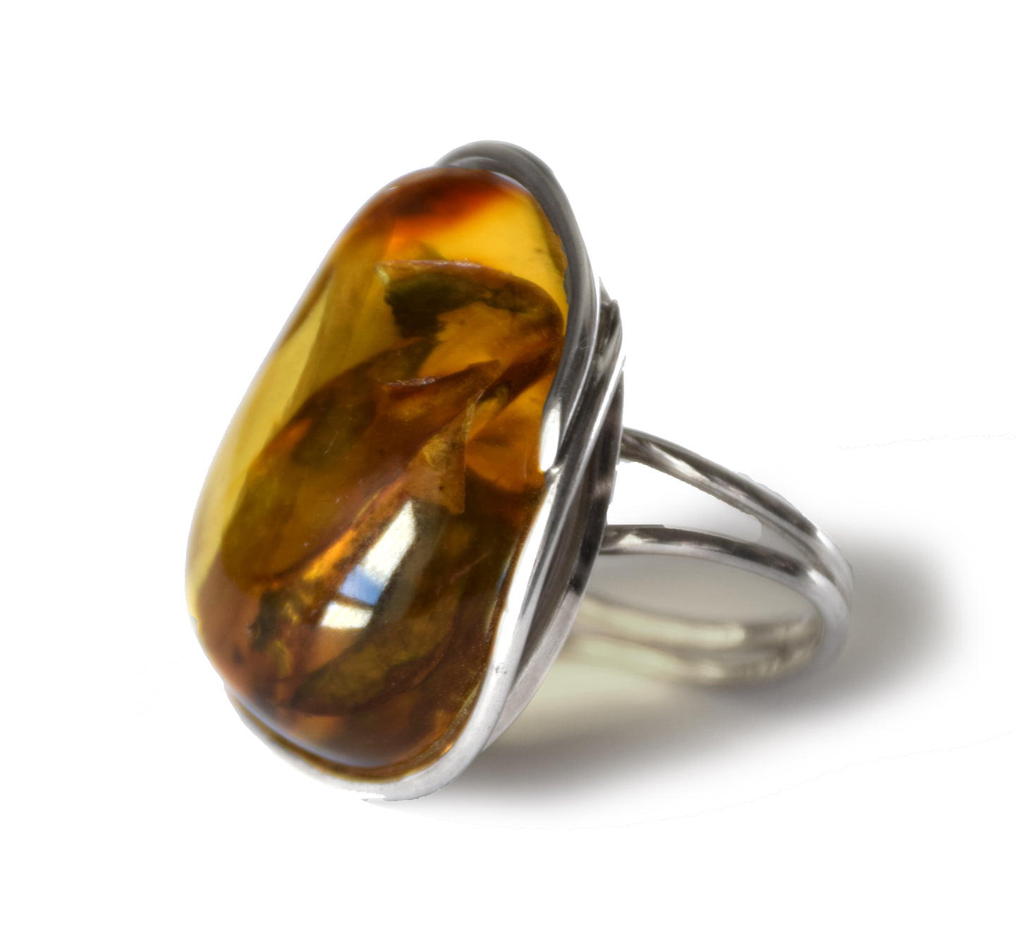 MJ Baltica, ring, Natural Baltic Amber, 925 Silver, large, luminous, light amber, inclusions, adjustable and unique BP112