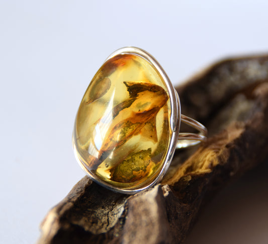 MJ Baltica, ring, Natural Baltic Amber, 925 Silver, large, luminous, light amber, inclusions, adjustable and unique BP112