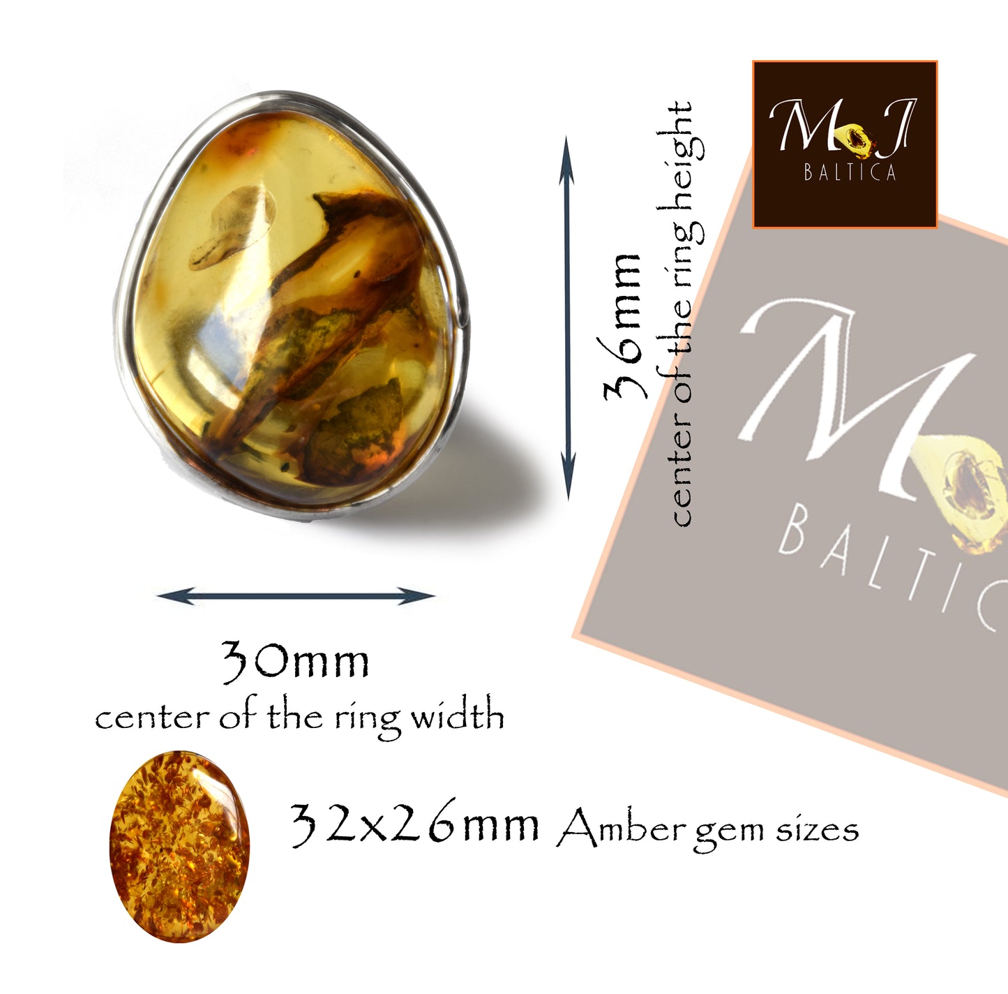 MJ Baltica, anello, Ambra Naturale Baltica, Argento 925, grande, luminoso, ambra chiara, inclusioni, regolabile e unico BP112