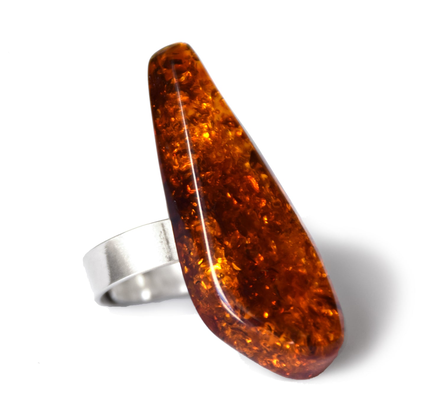 MJ Baltica, ring, Natural Baltic Amber, 925 Silver, large, luminous, cognac, adjustable and unique BP113