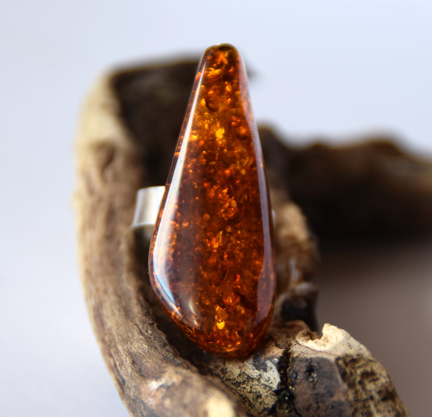 MJ Baltica, ring, Natural Baltic Amber, 925 Silver, large, luminous, cognac, adjustable and unique BP113