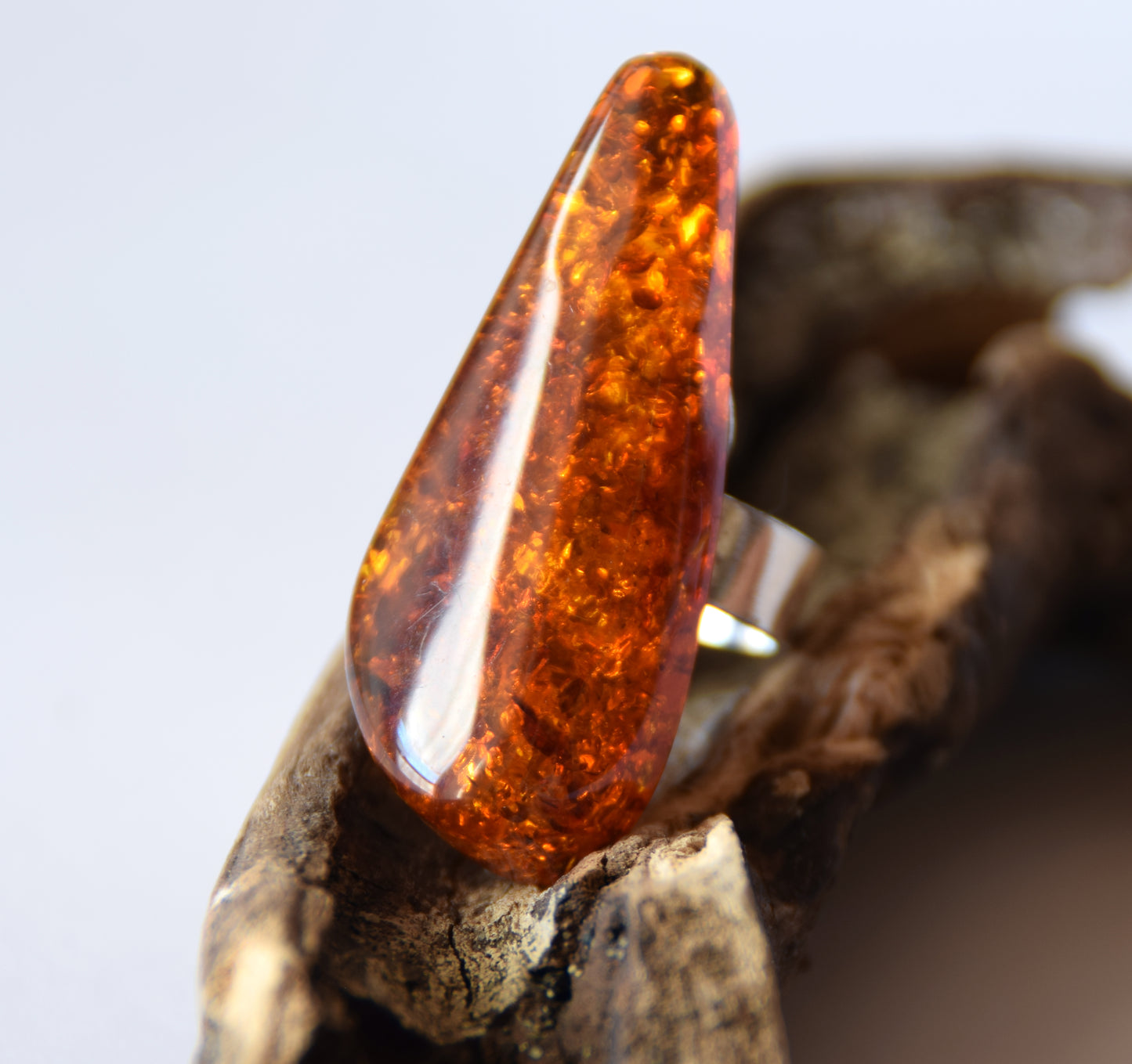 MJ Baltica, ring, Natural Baltic Amber, 925 Silver, large, luminous, cognac, adjustable and unique BP113