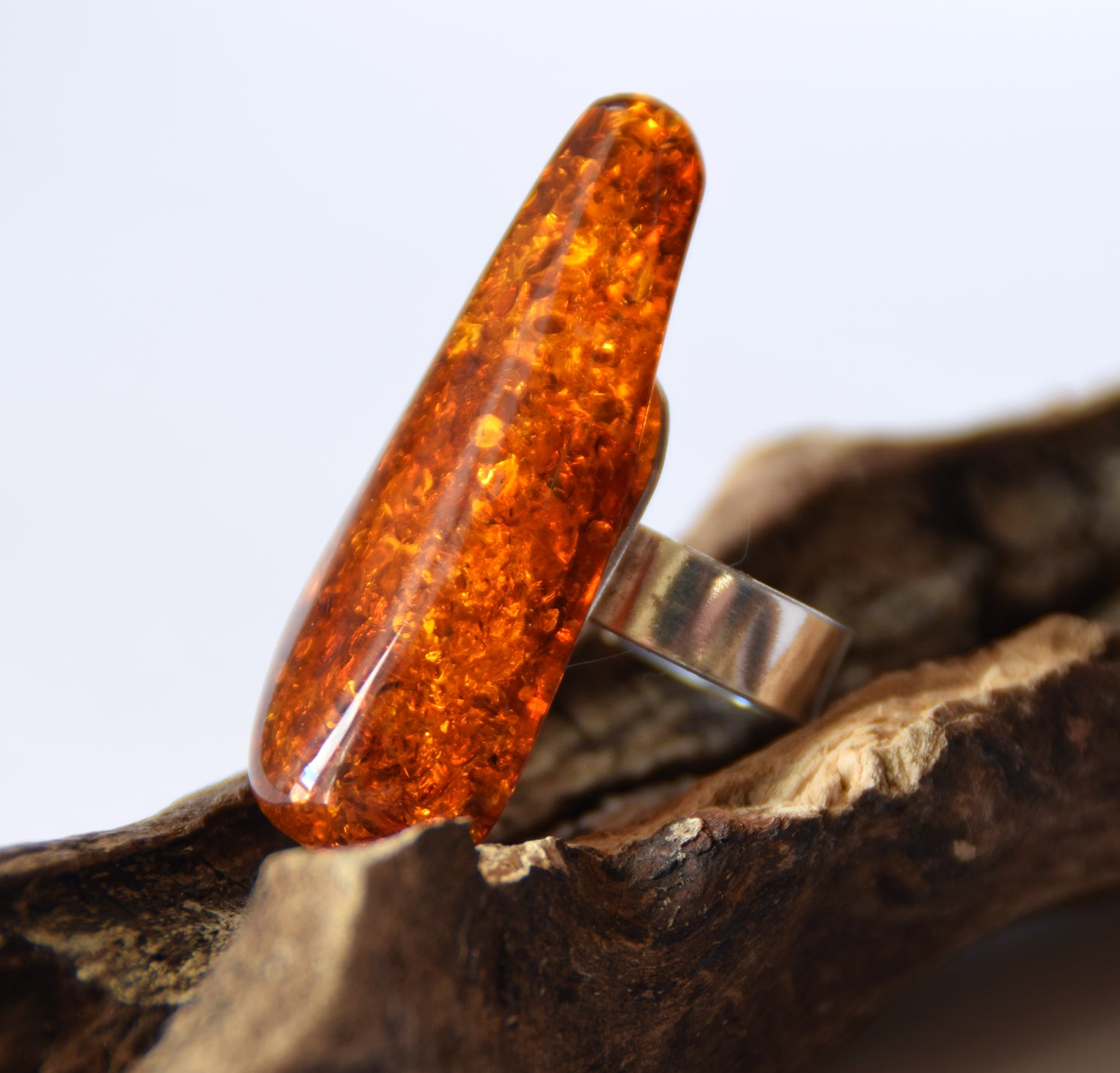 MJ Baltica, ring, Natural Baltic Amber, 925 Silver, large, luminous, cognac, adjustable and unique BP113