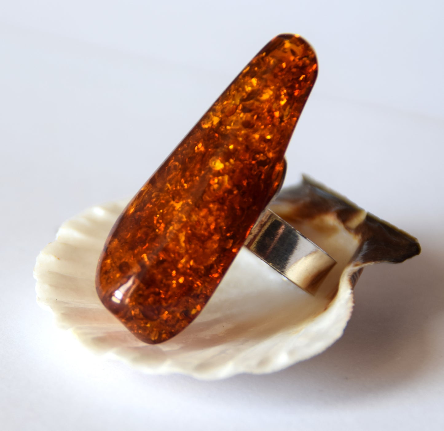 MJ Baltica, ring, Natural Baltic Amber, 925 Silver, large, luminous, cognac, adjustable and unique BP113