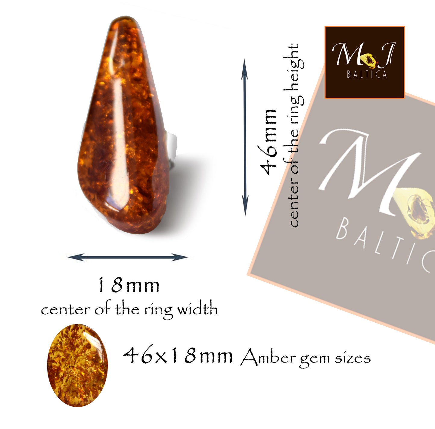 MJ Baltica, anello, Ambra Naturale Baltica, Argento 925, grande, luminoso, cognac, regolabile e unico BP113