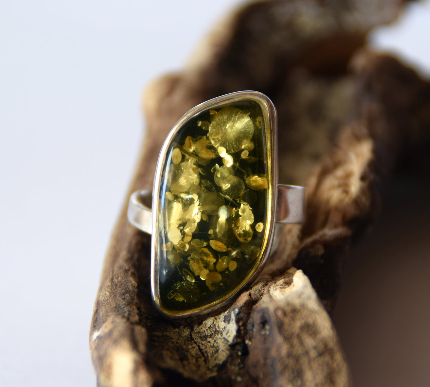 MJ Baltica, ring, Natural Baltic Amber, 925 Silver, large, luminous, green, adjustable and unique BP114