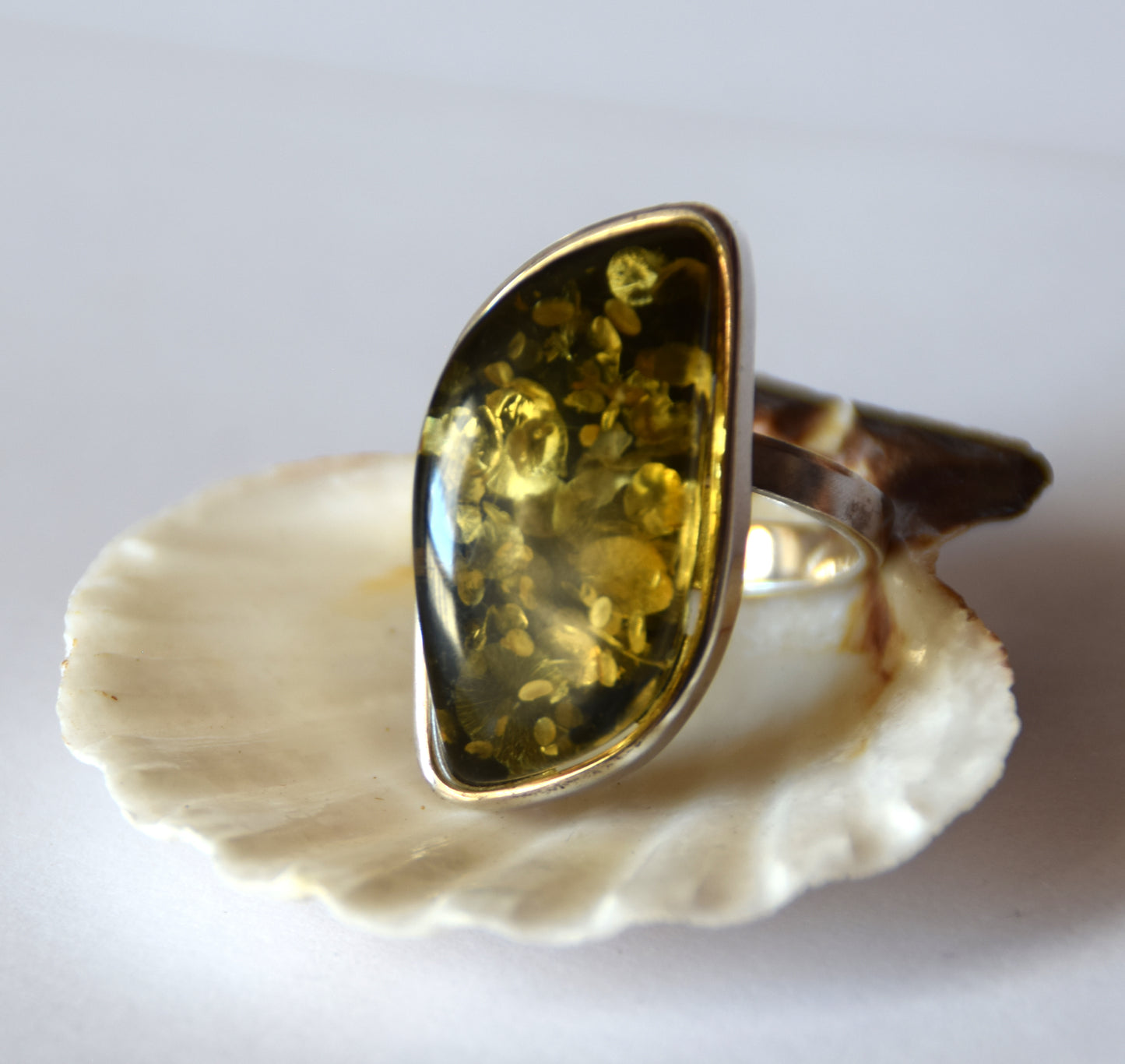 MJ Baltica, ring, Natural Baltic Amber, 925 Silver, large, luminous, green, adjustable and unique BP114