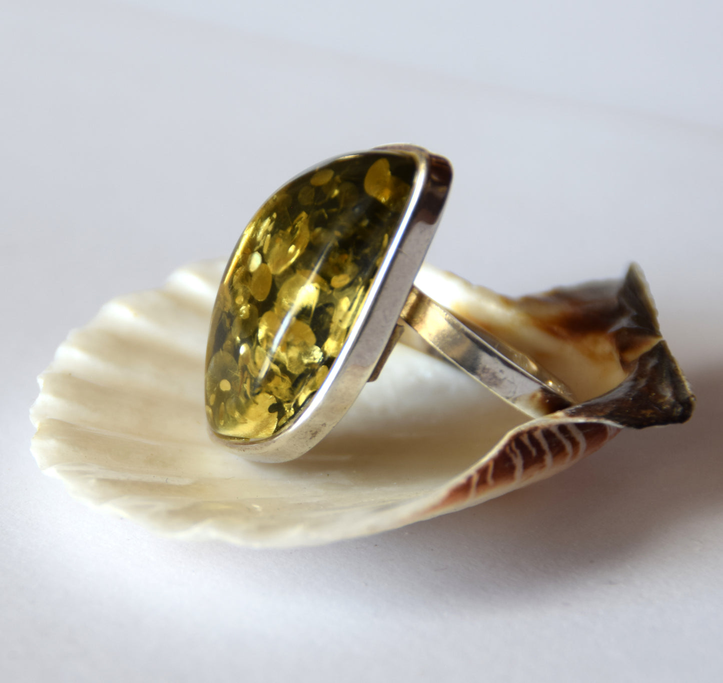 MJ Baltica, ring, Natural Baltic Amber, 925 Silver, large, luminous, green, adjustable and unique BP114