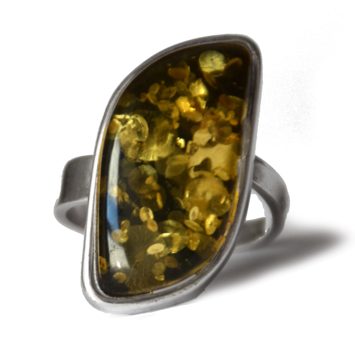 MJ Baltica, ring, Natural Baltic Amber, 925 Silver, large, luminous, green, adjustable and unique BP114