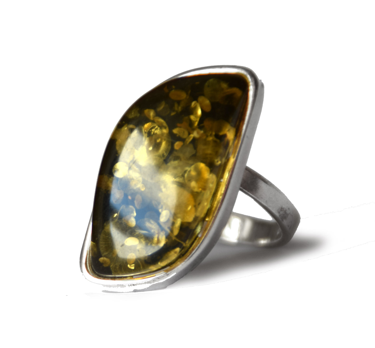 MJ Baltica, ring, Natural Baltic Amber, 925 Silver, large, luminous, green, adjustable and unique BP114