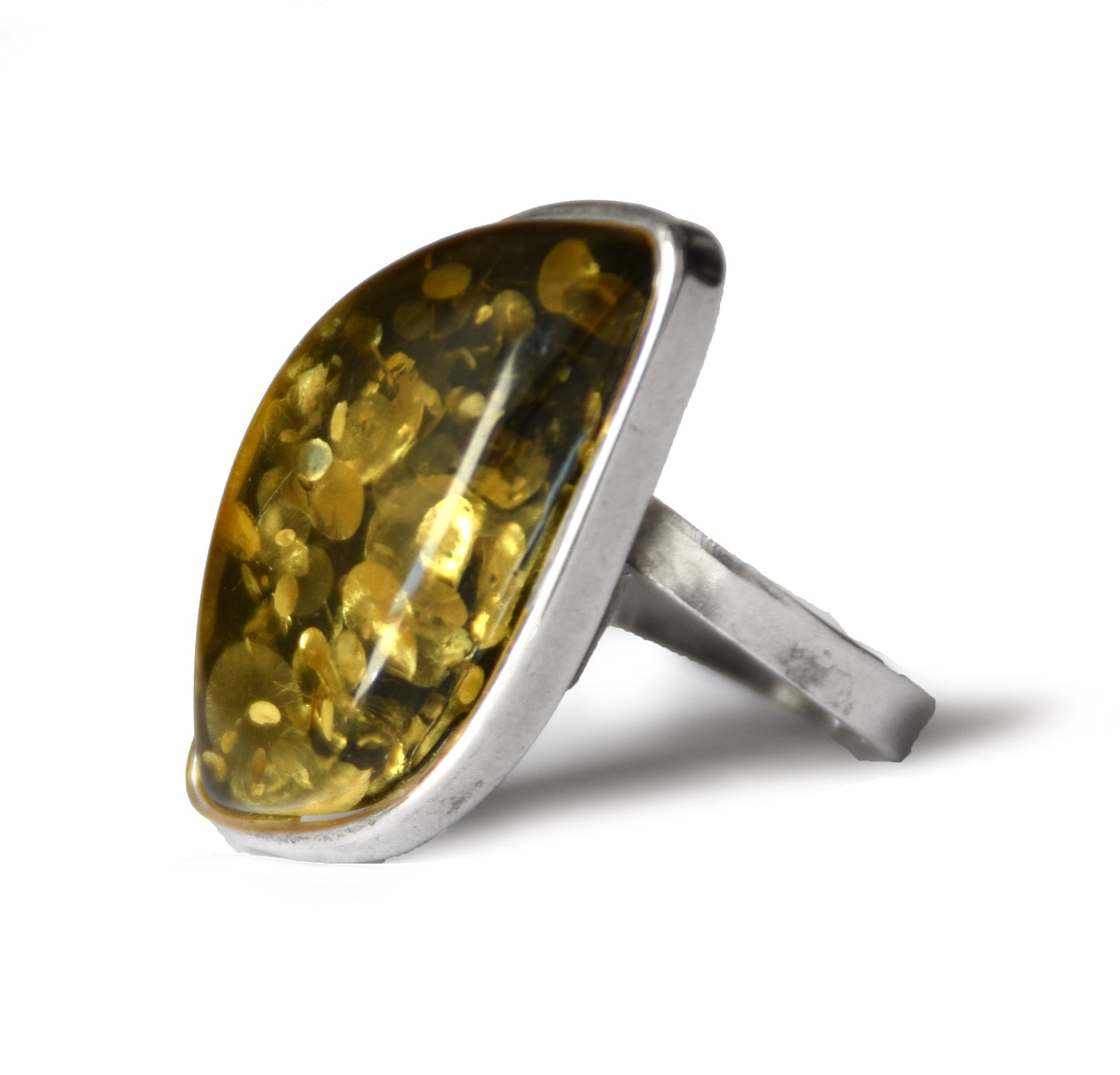 MJ Baltica, ring, Natural Baltic Amber, 925 Silver, large, luminous, green, adjustable and unique BP114