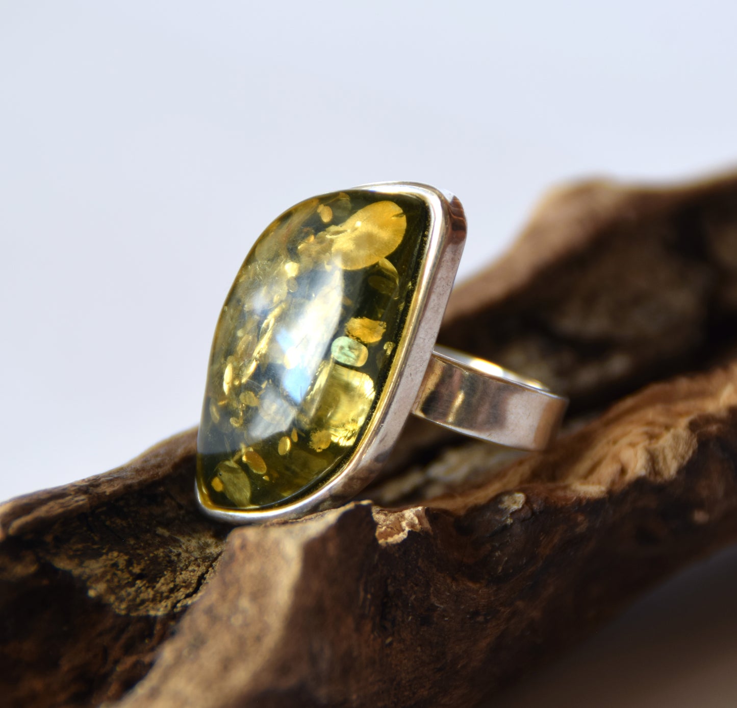 MJ Baltica, ring, Natural Baltic Amber, 925 Silver, large, luminous, green, adjustable and unique BP114