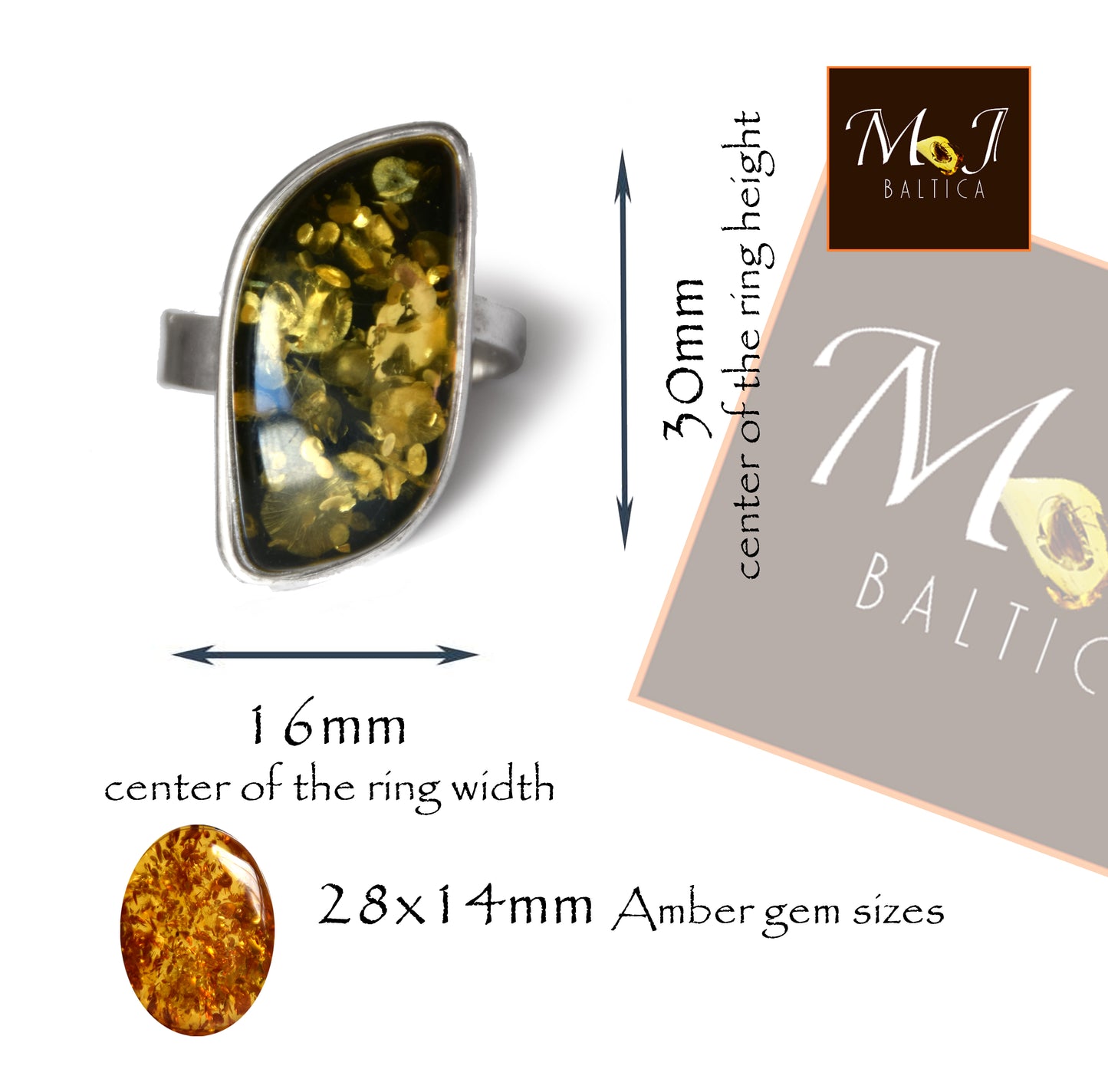 MJ Baltica, anello, Ambra Naturale Baltica, Argento 925, grande, luminoso, verde, regolabile e unico BP114