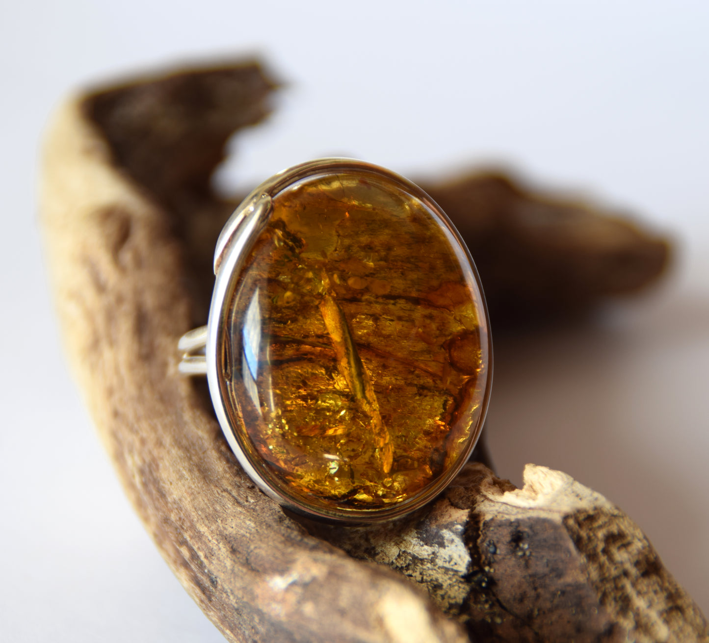 MJ Baltica, ring, Natural Baltic Amber, 925 Silver, large, luminous, light amber, inclusions, adjustable and unique BP115