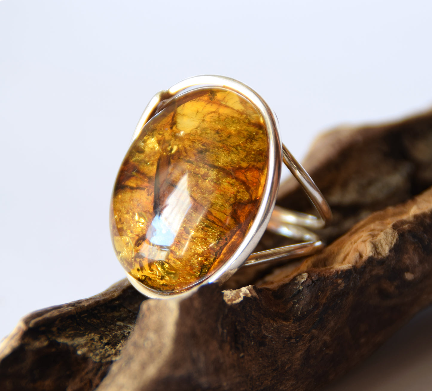 MJ Baltica, ring, Natural Baltic Amber, 925 Silver, large, luminous, light amber, inclusions, adjustable and unique BP115