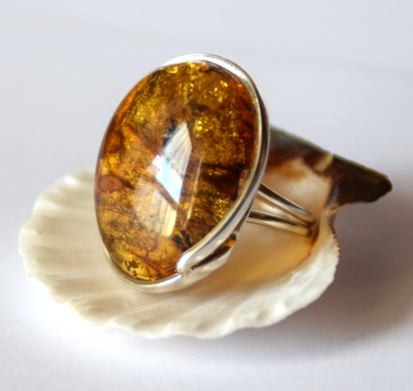 MJ Baltica, ring, Natural Baltic Amber, 925 Silver, large, luminous, light amber, inclusions, adjustable and unique BP115