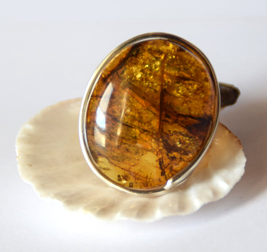 MJ Baltica, ring, Natural Baltic Amber, 925 Silver, large, luminous, light amber, inclusions, adjustable and unique BP115