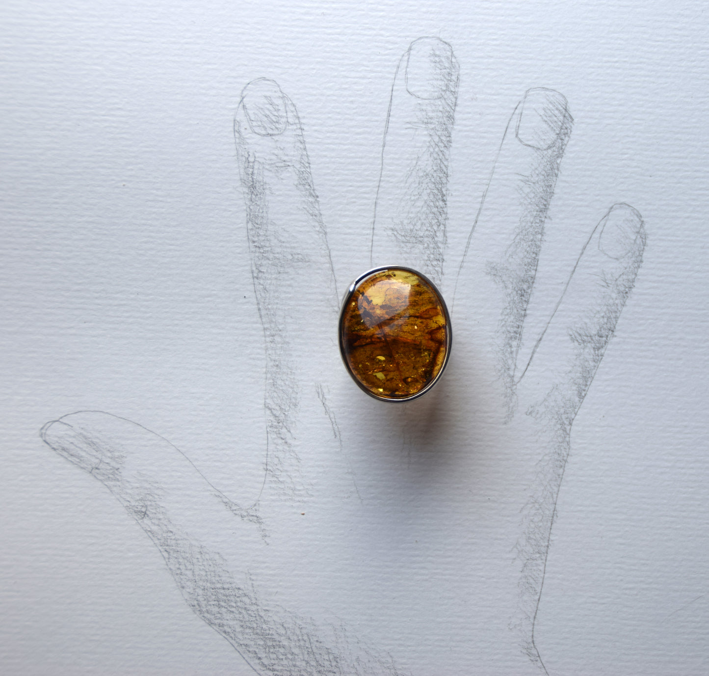 MJ Baltica, ring, Natural Baltic Amber, 925 Silver, large, luminous, light amber, inclusions, adjustable and unique BP115