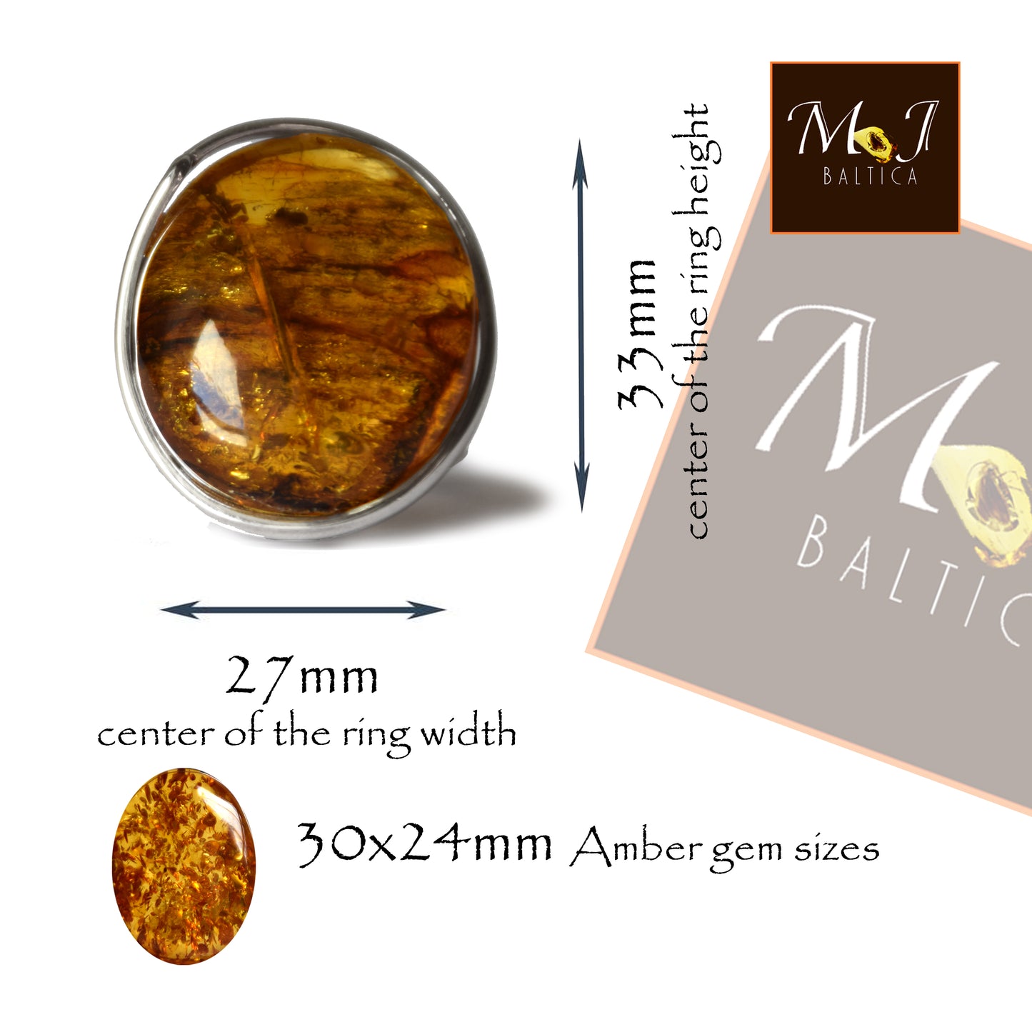 MJ Baltica, ring, Natural Baltic Amber, 925 Silver, large, luminous, light amber, inclusions, adjustable and unique BP115